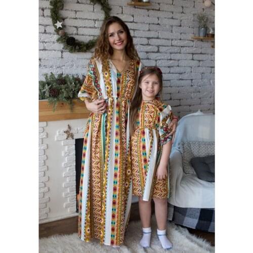 Family Autumn 2019 Mom and Daughter Dress Half Sleeve V-neck Vintage Print Long Dress Mommy and me clothes Matching Outfits