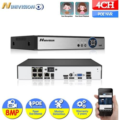 NINIVISION 4CH 4K POE NVR Face Recognition H.265+ Onvif Network Video Recorder Audio Recording IP Camera P2P System