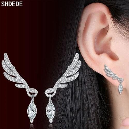 SHDEDE 925 Silver Drop Earrings For Women Female Ladies Wing Cubic Zirconia Korean Hot Fashion Jewelry Gifts -WH26