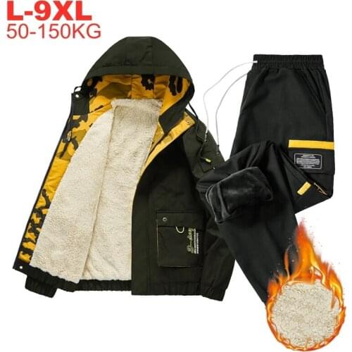 Sportswear Male Armygreen Large Size 6xl 7xl 8xl 9xlWinter Fleece Lined Tracksuits Men Thick Hooded Jacket Pants Two Piece Sets