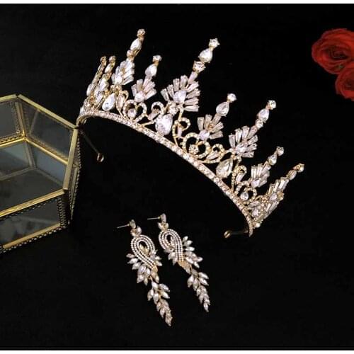 Retro Baroque Style Glitter Crystal Tiaras and Crowns Stud Earrings Headbands for Women Bridal Wedding Jewelry Sets FORSEVEN