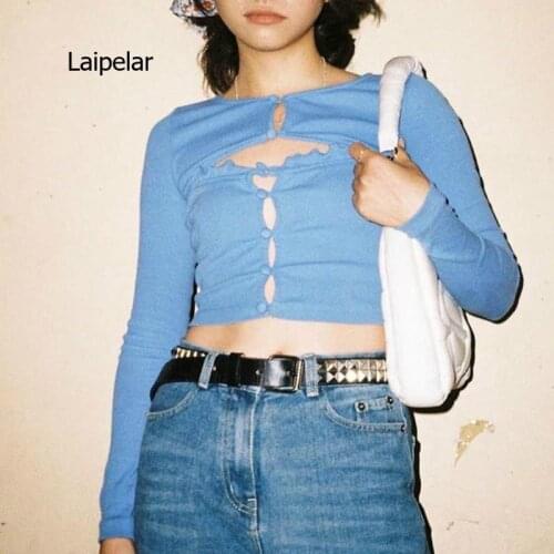 2021 Spring New Sexy Hollow Out Ear Edge Long Sleeve Short Open Navel T-Shirt for Girls' Cusal Club Wear Top