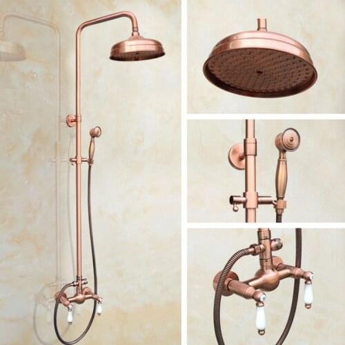 Vintage Antique Copper Bathroom Rain Shower Faucet Dual Handles Mixer Tap Wall Mounted Dual Ceramics Handles Levers arg581
