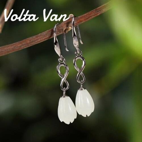 Volta Van Drop Earrings 925 Sterling Silver Elegant Natural Jade 2021 New Vintage Fine Jewelry Magnolia Flower Concise Earrings