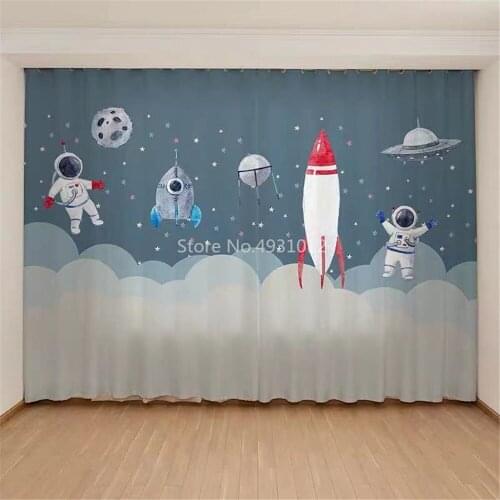 Hot Sale Childrens Curtain Cartoon Space Theme Astronaut Starry Sky Childrens Room Boy Bedroom Bay Window Curtain Blackout
