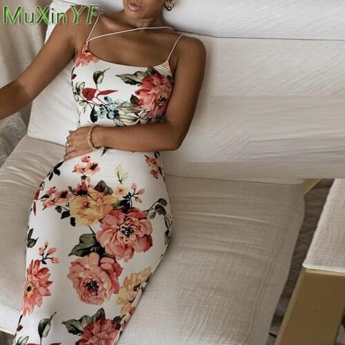 Womens Bohemian Print Flower Long Sling Dress Summer 2021 Lady Sexy Wrap Hip Sleeveless Dresses Bodycon Party Date Robe Female