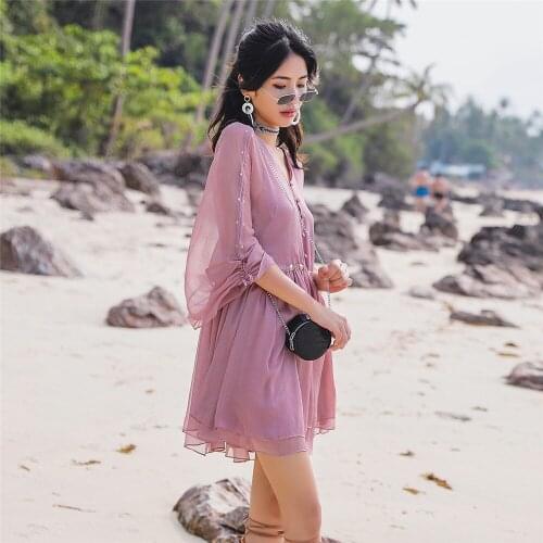 Casual Women Pink Dresses Full Sleeve Ruffle Sexy V Neck Beach Holiday Elegant Rivet Pleated Chiffon Girl Mini Dresses Luxury