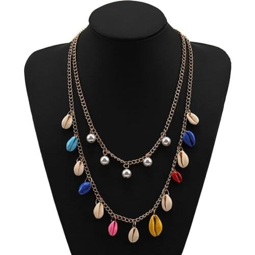 Women Jewelry Vintage Bohemia Multi Layer Alloy Chain Beach shell Shape Imitation Pearls Pendants Choker Necklace