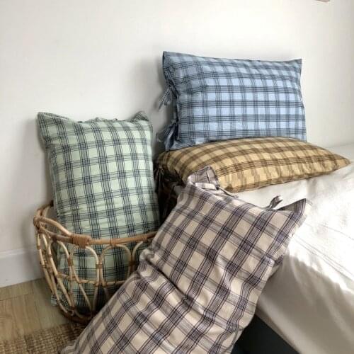FSISLOVER INS Plaid Pillowcase 100% Washed Cotton Pillow Cover Tie Bow Decor Nordic High-end Pillow Case Free shipping 48x74cm