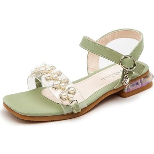 Popular sandals for girl fashion Pearl flower kids shoes low-heeled solid sweet Princess dress dance children shoes autumn 2020