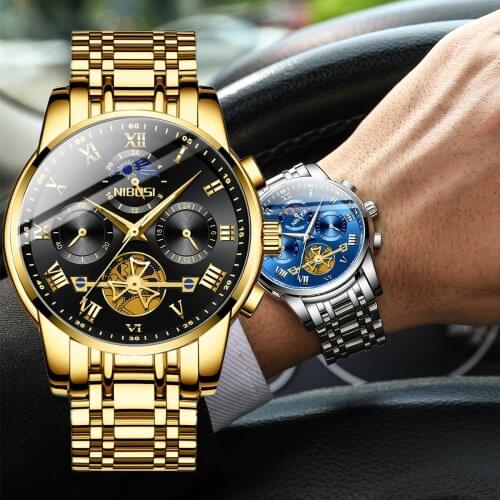 Luxury Brand NIBOSI Mens Watches New Fashion Luminous Tourbillon Quartz Wristwatch Men Waterproof Chronograph Male Watch Relogio
