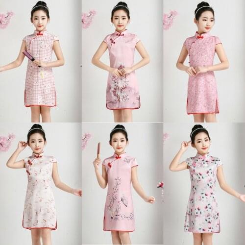 Kids Girls Chinese Dress Children Flower Print Cap Sleeve Qipao Cheongsam One-Piece Dresses