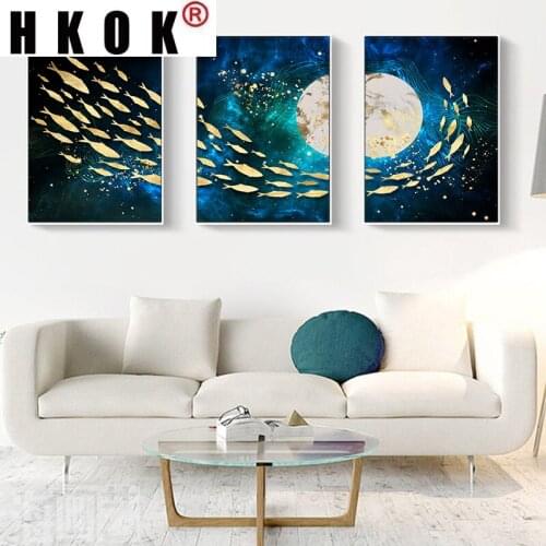 HKOK Canvas Painting Golden Fish Moon Abstract Wall Poster Modern Print Picture Art Living Room Entrance Home Decoration
