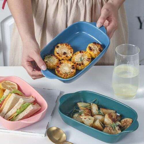 Nordic Baking Plate Ceramic Cheese Baked Rice Oven Creative Dish Household Microwave Oven Two Ear Rectangular Western Food Plate