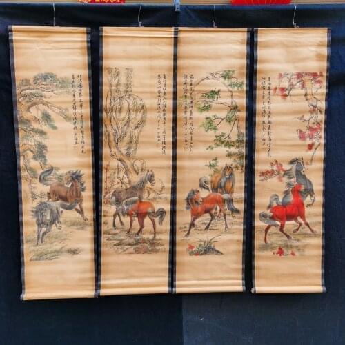 China Collect Exquisite Central Four Scroll Eight Horse Word Paintings Handicraft Home Decoration