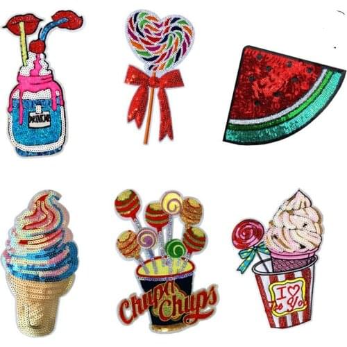 Drink Cones Lollipops Ice Cream Watermelon Pineapple Fruit Embroidery Patches for Clothing Iron on Kids Clothes Appliques Badge