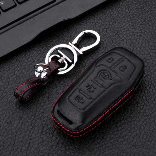 Leather Car Key Case For Ford Edge Explorer Fusion Mustang F-150 F-450 F-550 Lincoln MKZ MKC 5 Button Smart Remote Fob Cover Bag