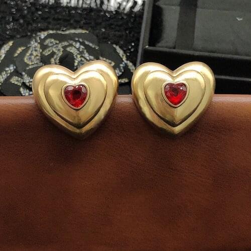 Hot Sale Luxury Brand Fashion Dangle Heart Earrings Vintage Gold Color Crystal Red Zircon For Women High Quality Fancy Bijoux