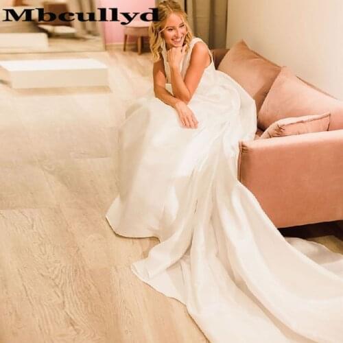 Mbcullyd Elegant Satin Wedding Dresses 2020 Long Court Train Bridal Dress For Women Shining Beading Backless Vestido De Noiva
