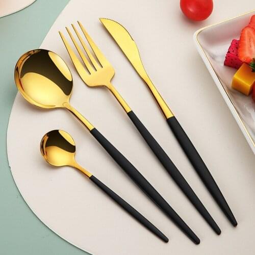 4Pcs Dinnerware Set Stainless Steel Black Gold Knives Forks Spoons Cutlery Set Kitchen Complete Tableware Set Flatware Wholesale