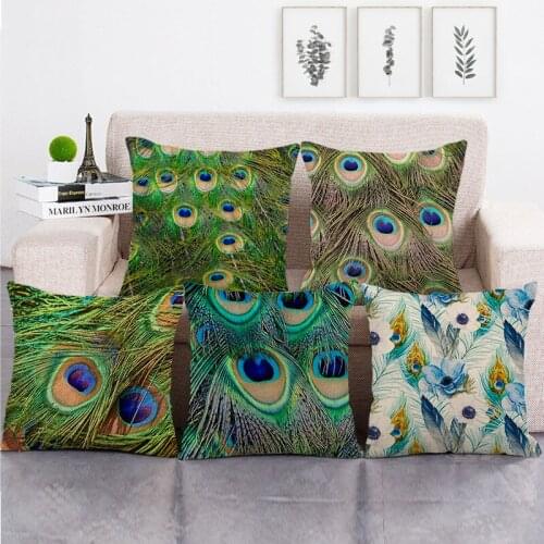 One Side Print Cushion Cover Linen Pillow Cover for Home Sofa Seat Throw Cases Cute Vintage Decoration 45X45cm Peacock Feather