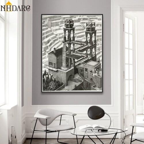 M C Escher Relativity Optical Illusion Drawing Posters and Prints Canvas Art Painting Wall Pictures for Living Room Home Decor