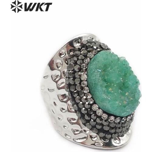 WT-RR029 natural druzy Aura Quartz Ring Green White Pink Color Quartz With Rhinestone Pave Ring Women fashion Ring Jewelry