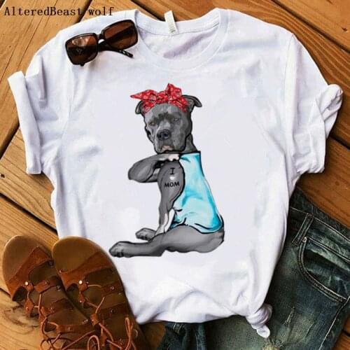 Boxer Dog Mama Tshirt Women Harajuku I Love Mom Bandana T-shirt Fashion Women T Shirt O-Neck Short Sleeve Tee Casual Clothing