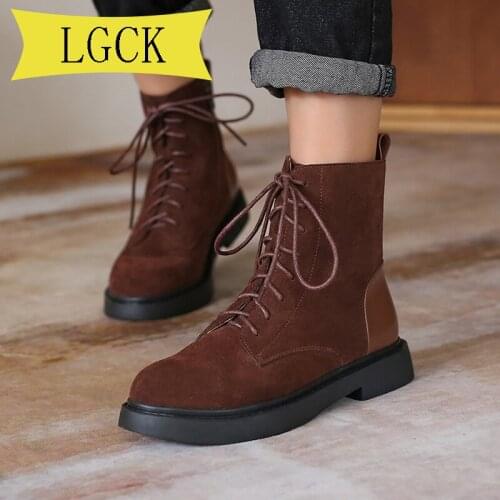 Plus Size 34-42 Women Shoes Autumn Genuine Leather Female Short Boots Suede Women Booties British Lace Retro Trend Women Boots