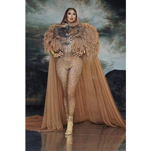 Long Tail DJ Nightclub Evening Outfit Sexy Lion king costume Women female stage dance wear Birthday Celebrate Dresses