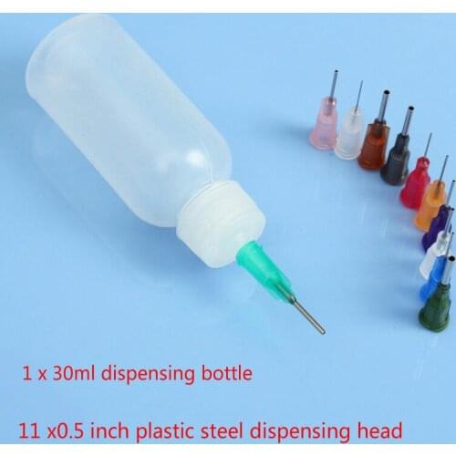 1/2pcs 30ml dispensing bottle + 11 0.5 inch plastic steel dispensing heads for flux and needles