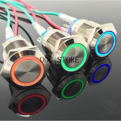 1pcs 19mm Waterproof Momentary Flat Round Stainless Steel Metal Push Button Switch Colorful LED Light Shine Car Horn Auto Reset