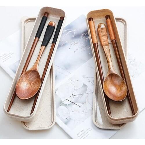 3Pcs/Set Portable Wooden Stainless Steel Lunch Cutlery Outdoor Travel Chopsticks Spoon Tableware