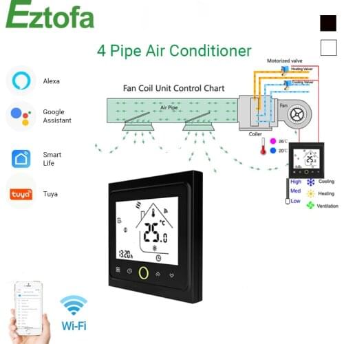4 Pipe WiFi Smart Central Air Conditioner Thermostat Temperature Controller 3 Speed Fan Coil Unit Work with Alexa Google Home