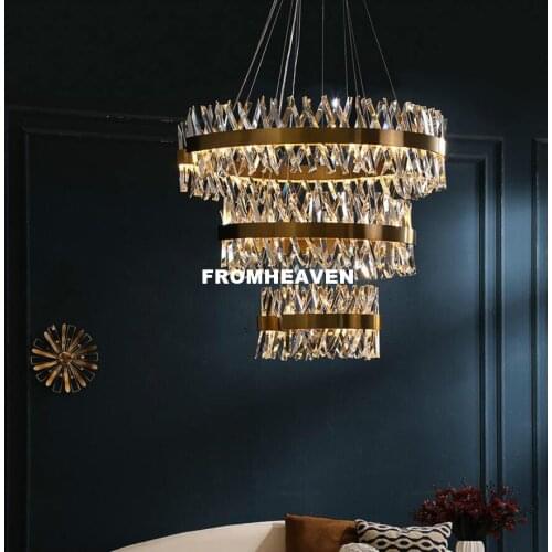 Free Shipping Gold Bronze Lustre K9 Crystal Led Pendant Lights LED Luminarias Hotel Lobby Straight Pendant Lamp Lighting Fixture