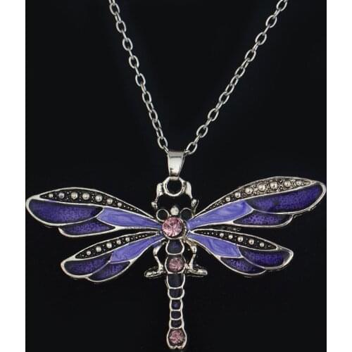 Bespmosp Vintage Antique Enamel Purple Crystal Jewelry Pendants Necklace Boho Bohemian Dragonfly Animal Charm Women Statement