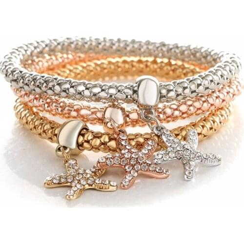 3 Color Set Starfish Pendant Corn Chain Bracelet Bangles Crystal Rhinestone Zircon Elastic Popcorn Bracelet Fashion Jewelry