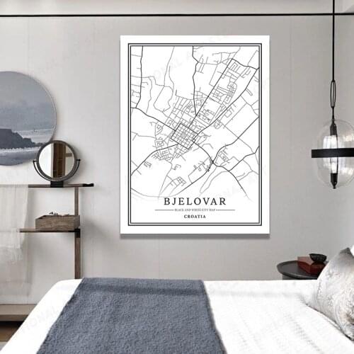 Black And White World City Map BJELOVAR Wall Art Canvas Poster Prints Nordic Style Paintings Picture For Living Room