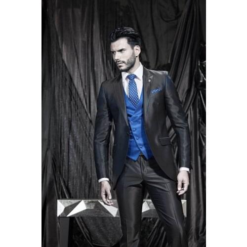 Three Piece Black Evening Party Men Suits Peak Lapel Trim Fit Custom Made Wedding Tuxedos (Jacket + Pants + Vest+Tie)