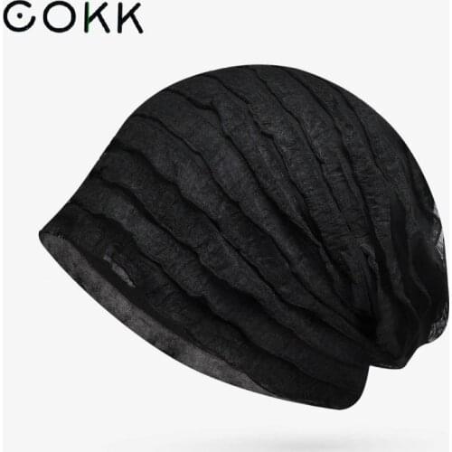 COKK Thin Beanie Hat Women Stripe Breathable Solid Color Beanies Bonnet Femme Fashion Knitted Baggy Cap Ladies Hats Female New