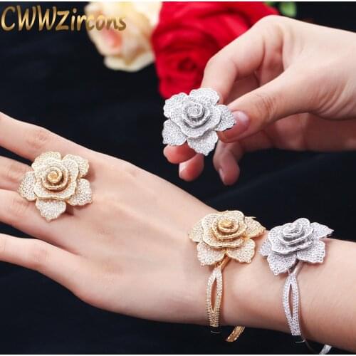 CWWZircons Luxury Cubic Zirconia Large Gold Geometric Flower Women Wedding Party Rings and Bangle Jewelry Sets for Brides T323