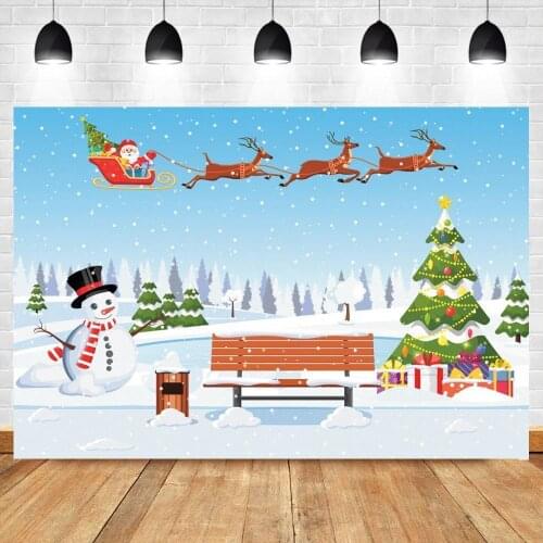 Baby Cartoon Snowman Backdrop Christmas Snowfield Reindeer Sledge Decoration Tree Chair Children Winter Party Photo Background