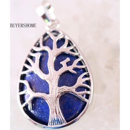 For Women Silver Color Tree of life Water Drop For Necklace Pendant Natural Gem Stone Blue Lapis 1Pcs K434