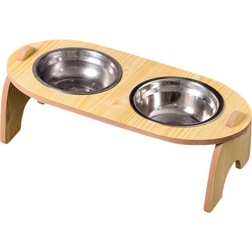 Double Stainless Steel Cat Dog Bowl Natural Wooden Pet Feeder Rack Neck Protection Pet Food Water Dispenser Bowl For Dogs Cats