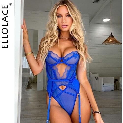 Ellolace Transparent Bodysuit Women Erotic Hollow Out Lace String Body Sexy Suspenders For Straps Blue Lingerie Top and Briefs