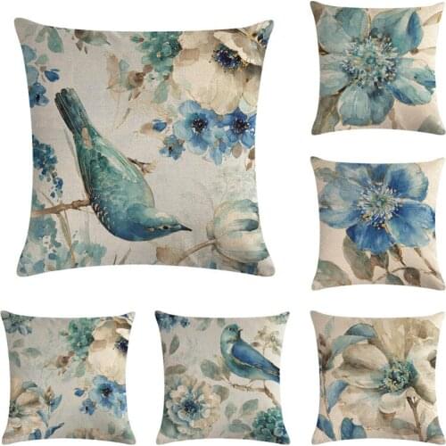 European Blue Flowers and Birds Linen Cushion Cover 45x45cm Pillow Case for Sofa Car Chair Gift Cojines