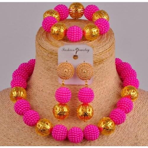 Fuchsia pink costume necklace set simulated pearl beads nigerian wedding african jewelry set FZZ59