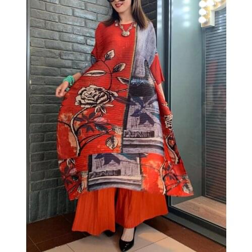 HOT SELLING Miyake three quarter round collar fold chinese style print patchwork dress IN STOCK