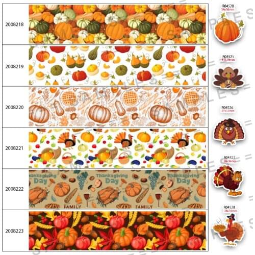 Hot Sales Thanksgiving Pumpkin Turkey Ribbon 30 Pcs Planar Resins 5 Yards Grosgrain/Satin 25mm/38mm/50mm/75mm 200821 200822