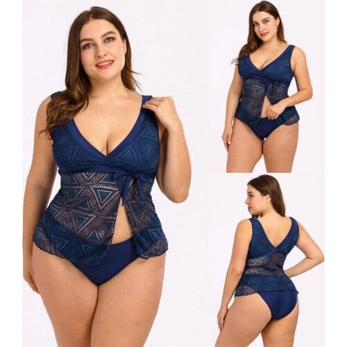 M-5XL Women Lace Print Push Up Tankini Set Two Piece Swimsuit Plus Size Swimwear bathing suits Design front split Sexy casual F4